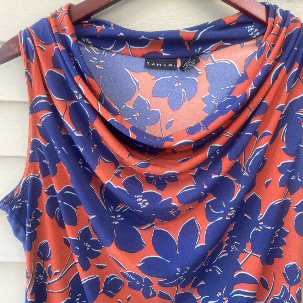 Tahari Draped Sleeveless Blouse in Blue and Orange - Picture 4 of 9